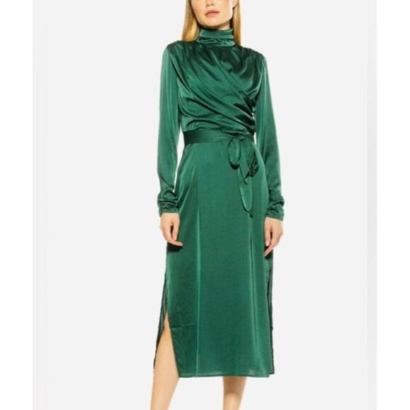 NWT Alexa Admor Emerald Green Long Sleeve High Neck Midi Dress sz 2 - Picture 3 of 10